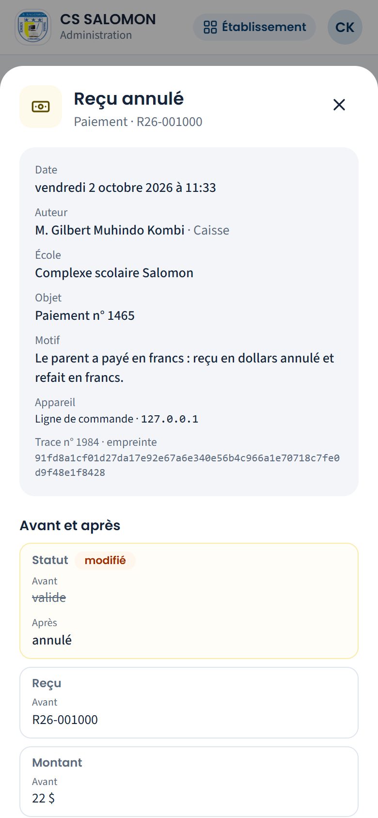 Détail d'une annulation de reçu (téléphone)