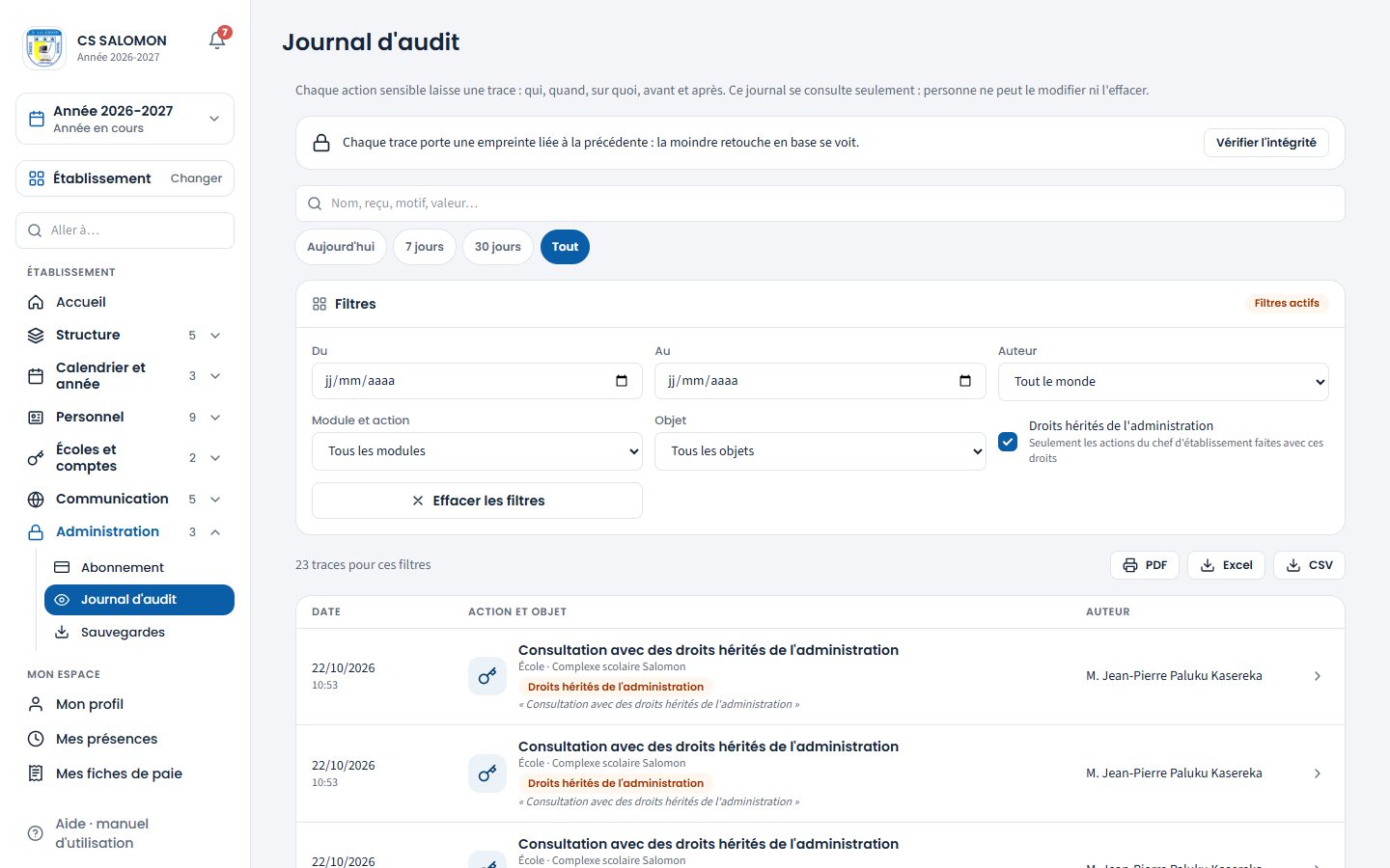 Journal d'audit filtré sur les droits hérités (ordinateur)