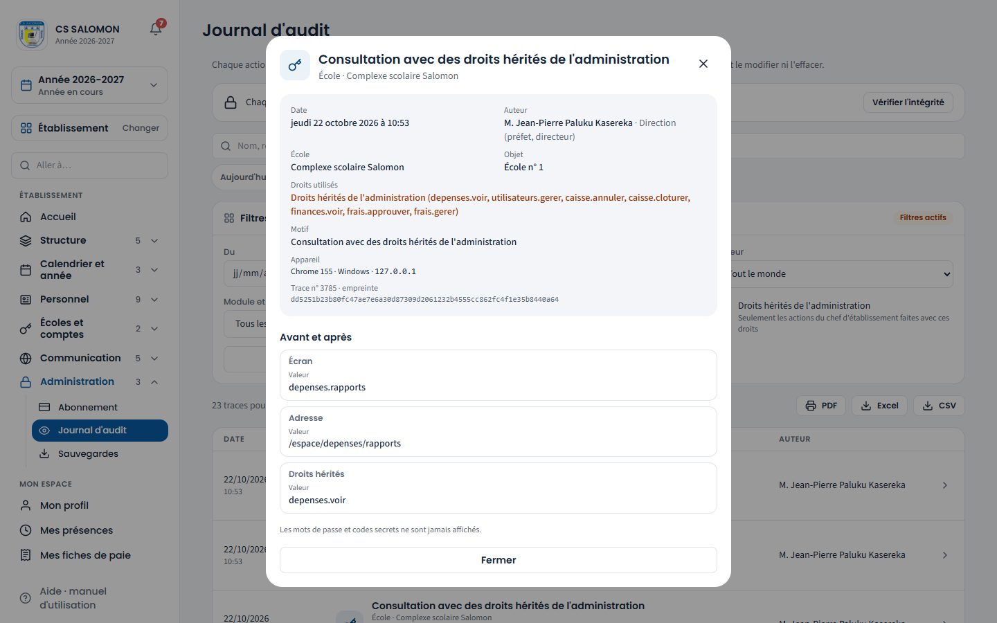 Détail d'une trace faite avec des droits hérités (ordinateur)