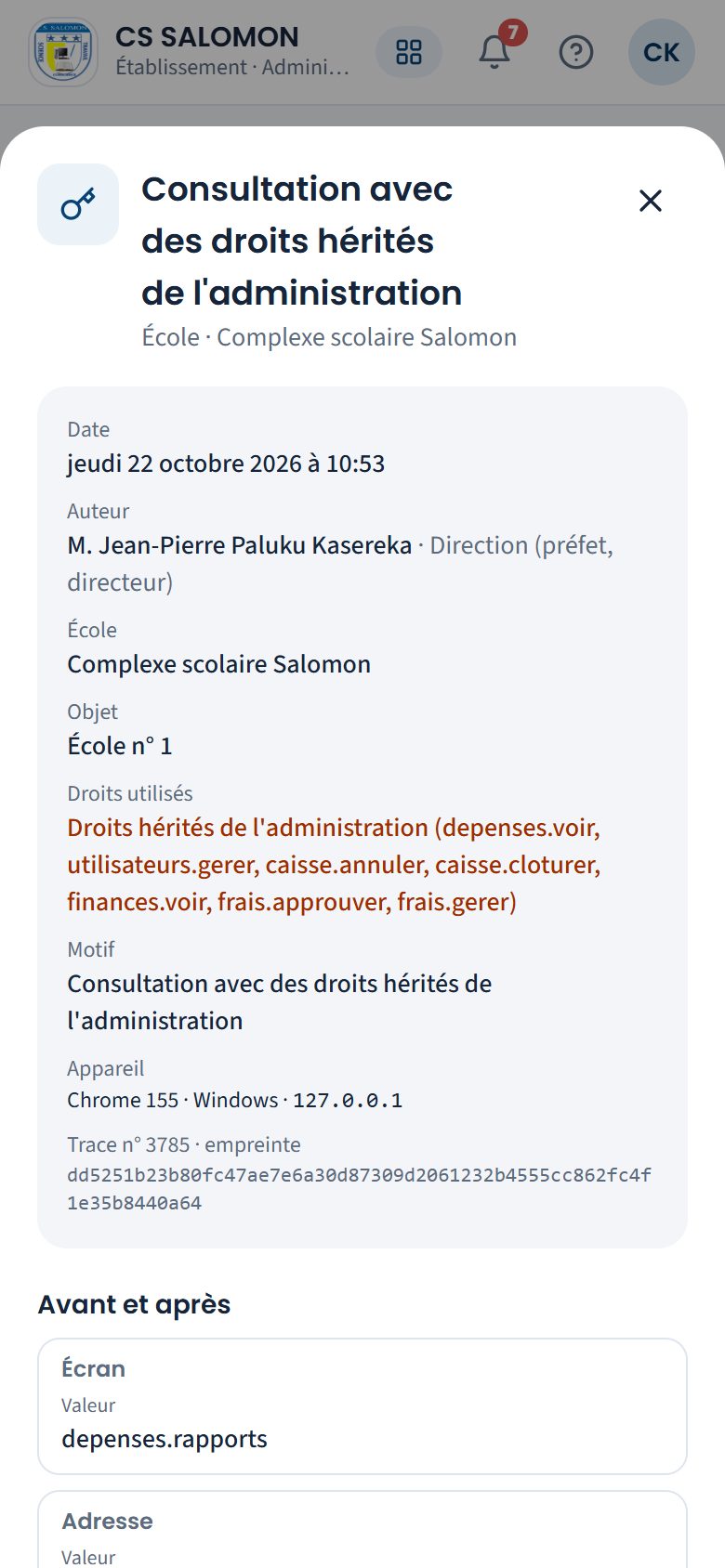 Détail d'une trace faite avec des droits hérités (téléphone)