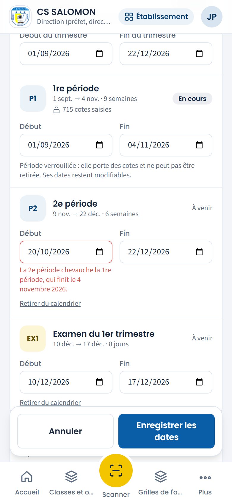 Dates refusées : périodes qui se chevauchent (téléphone)