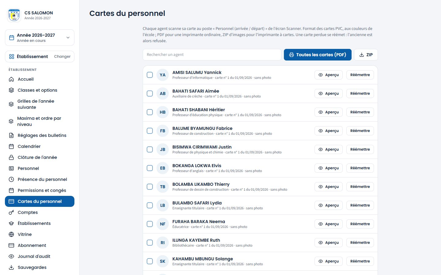 Liste des cartes du personnel (ordinateur)