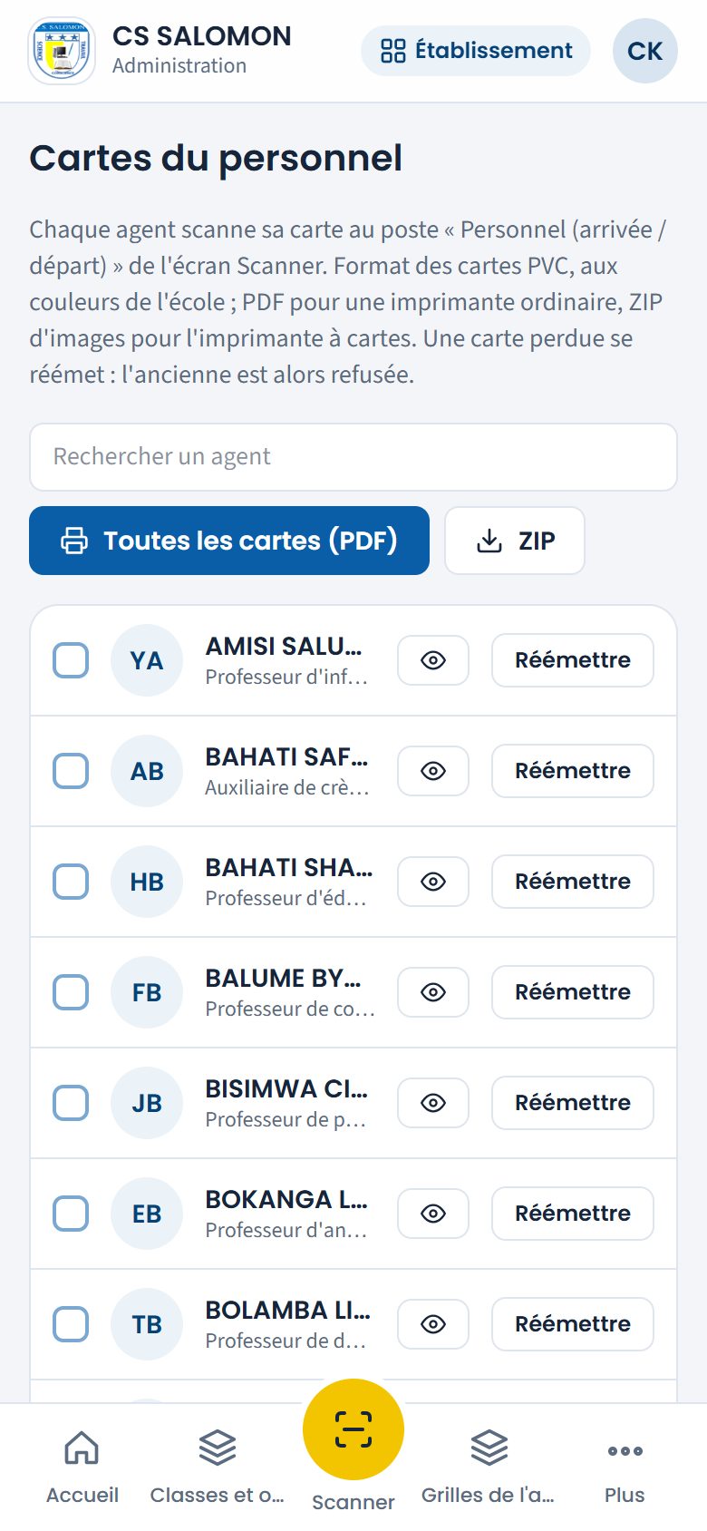 Liste des cartes du personnel (téléphone)