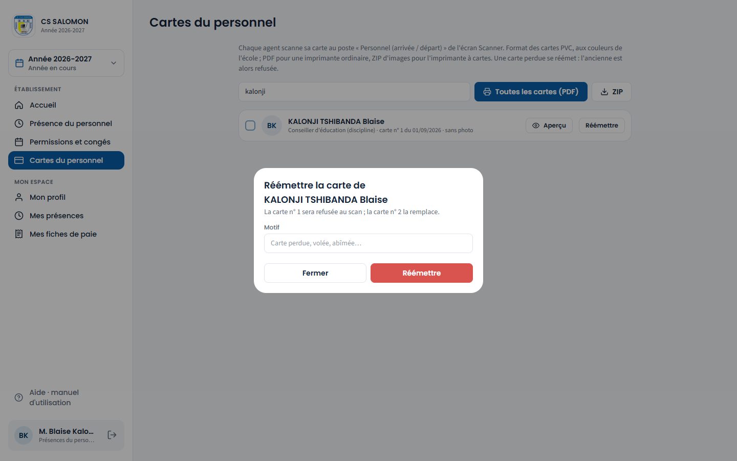 Réémission d'une carte du personnel (ordinateur)