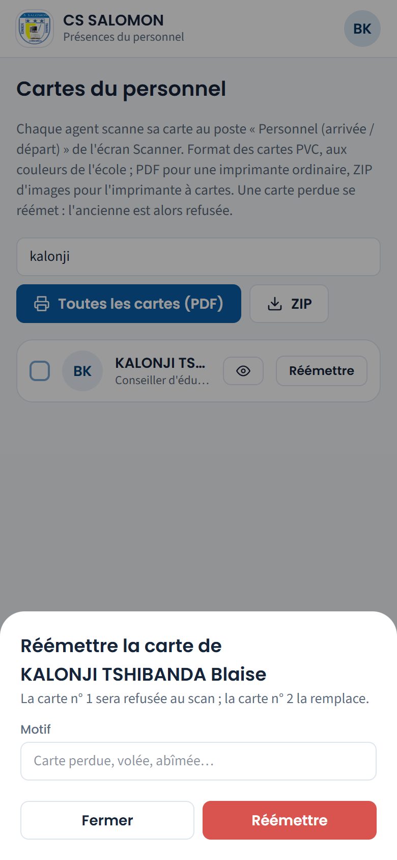Réémission d'une carte du personnel (téléphone)