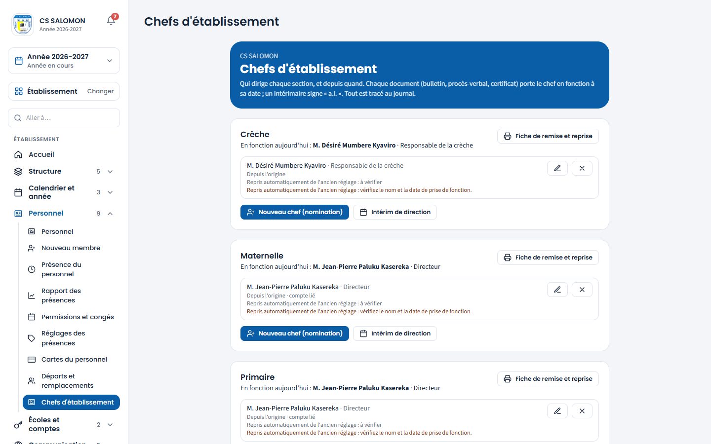 Chefs d'établissement, section par section (ordinateur)