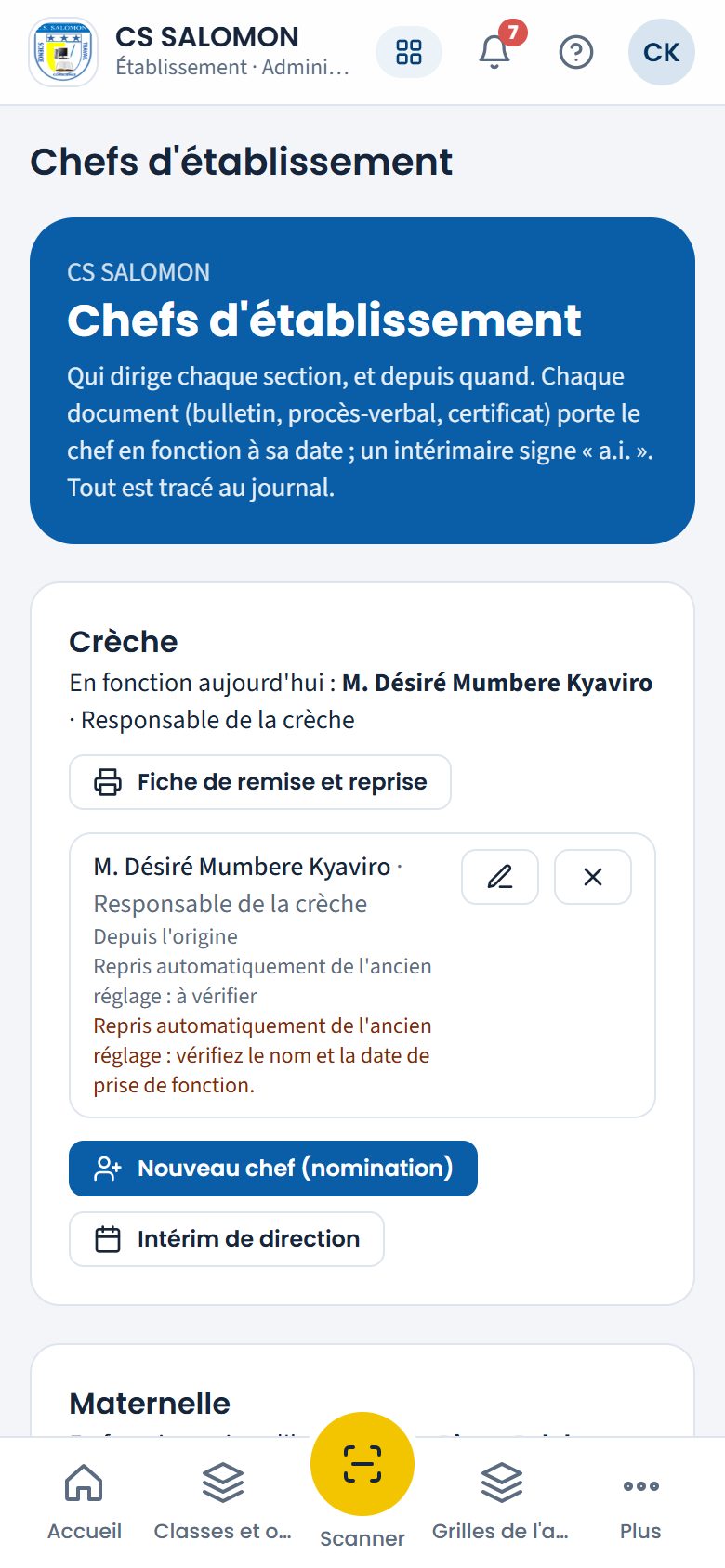 Chefs d'établissement, section par section (téléphone)