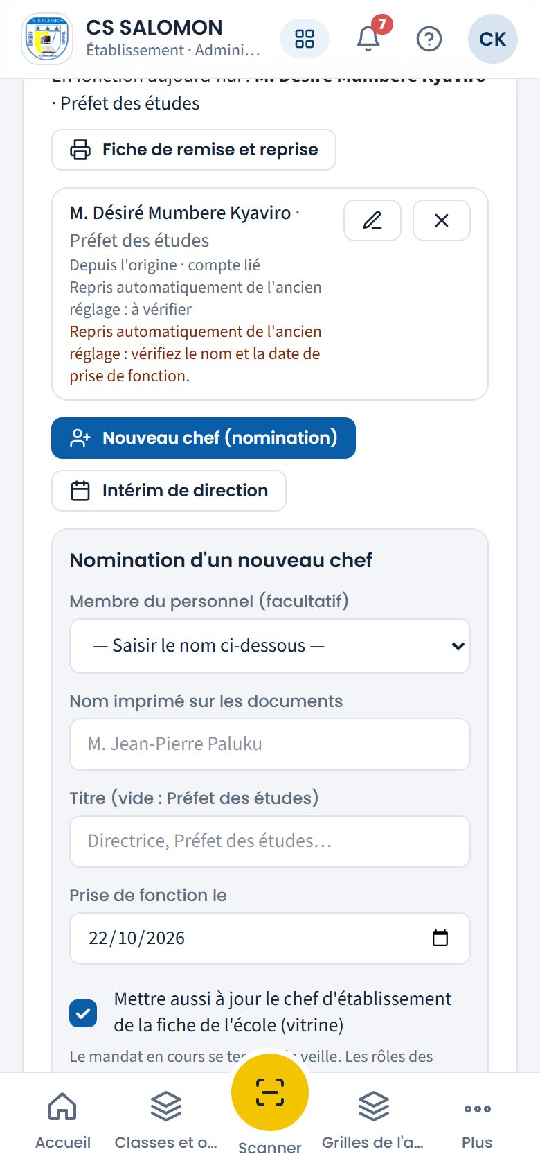 Nomination d'un nouveau chef (téléphone)