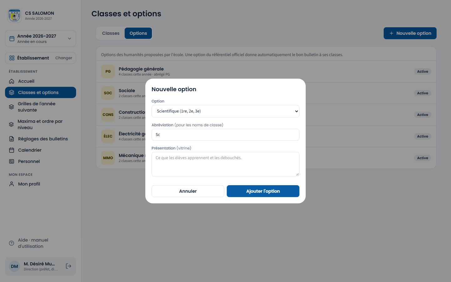 Formulaire de nouvelle option (ordinateur)