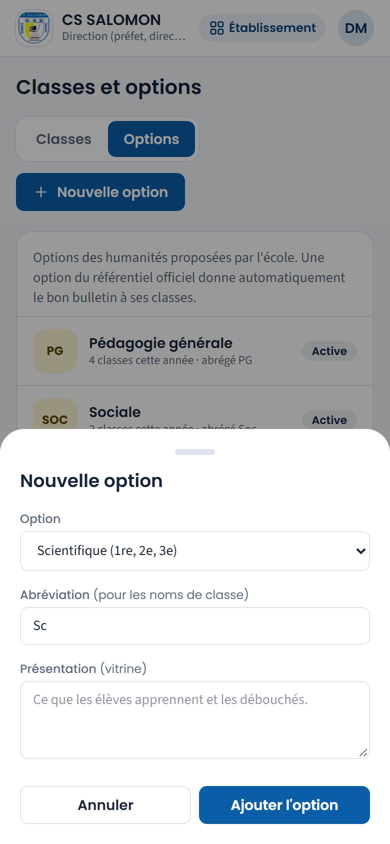 Formulaire de nouvelle option (téléphone)