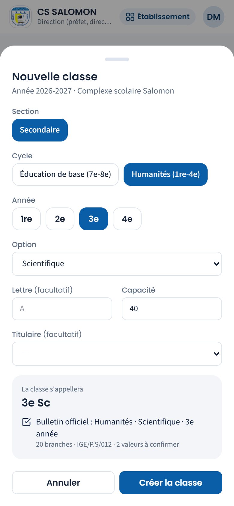 Création de la classe 3e Scientifique (téléphone)