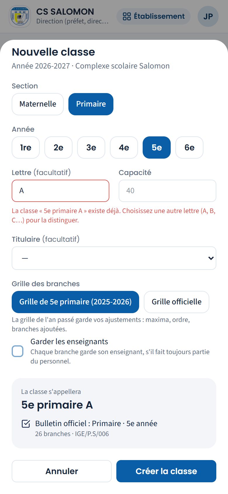 Classe parallèle refusée faute de lettre distincte (téléphone)
