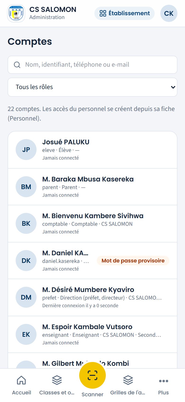 Liste des comptes (téléphone)