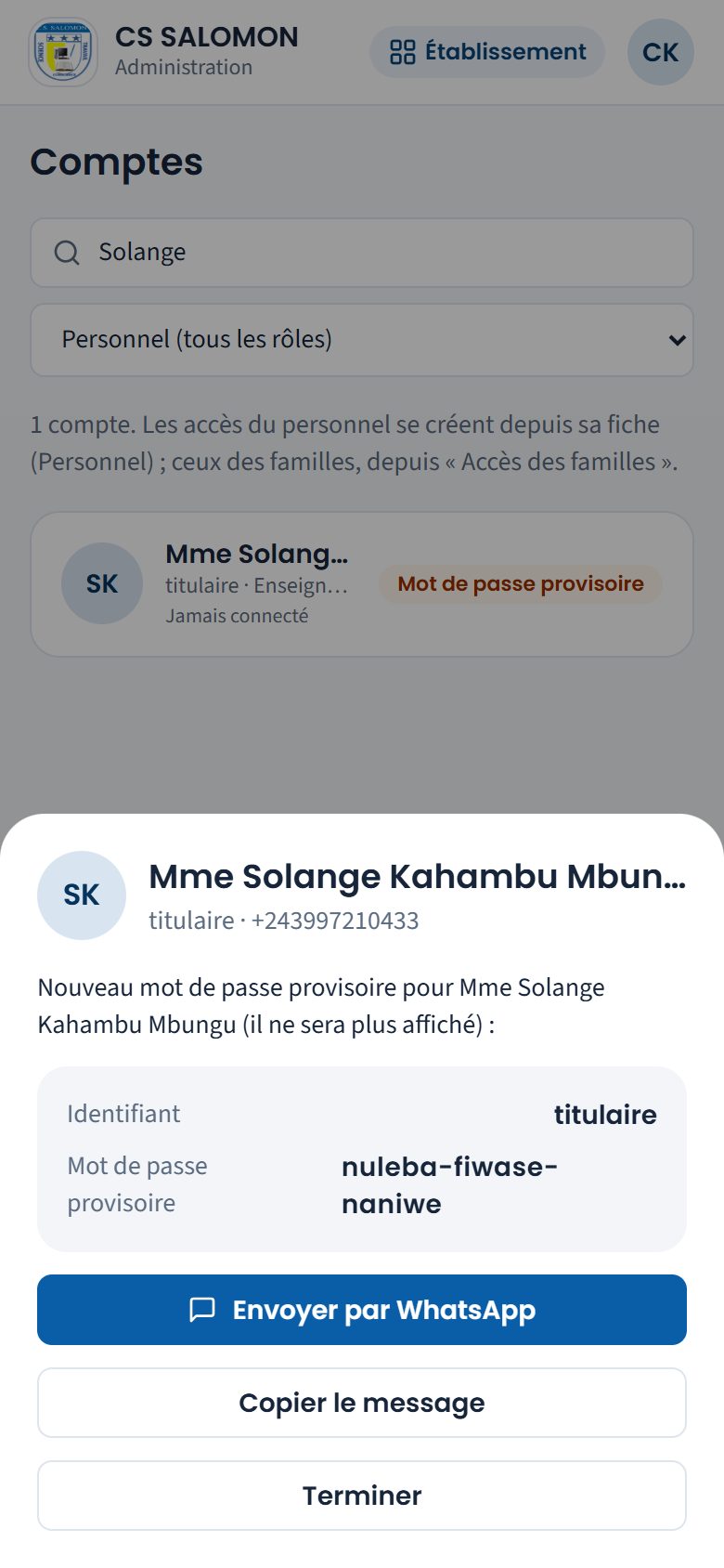 Nouveau mot de passe provisoire (téléphone)