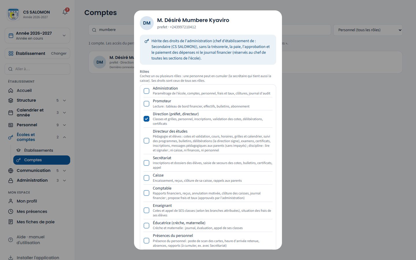 Compte d'un chef d'établissement (ordinateur)