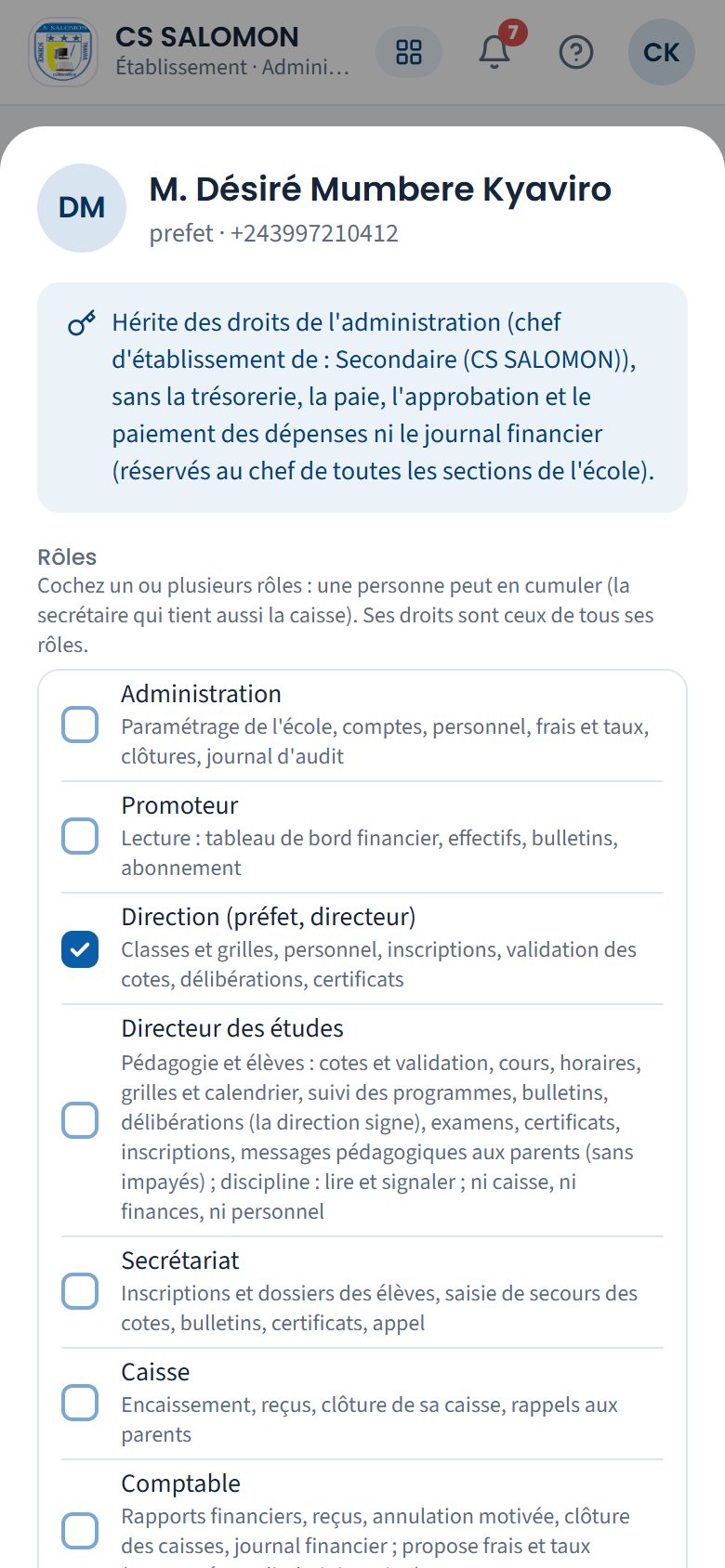 Compte d'un chef d'établissement (téléphone)