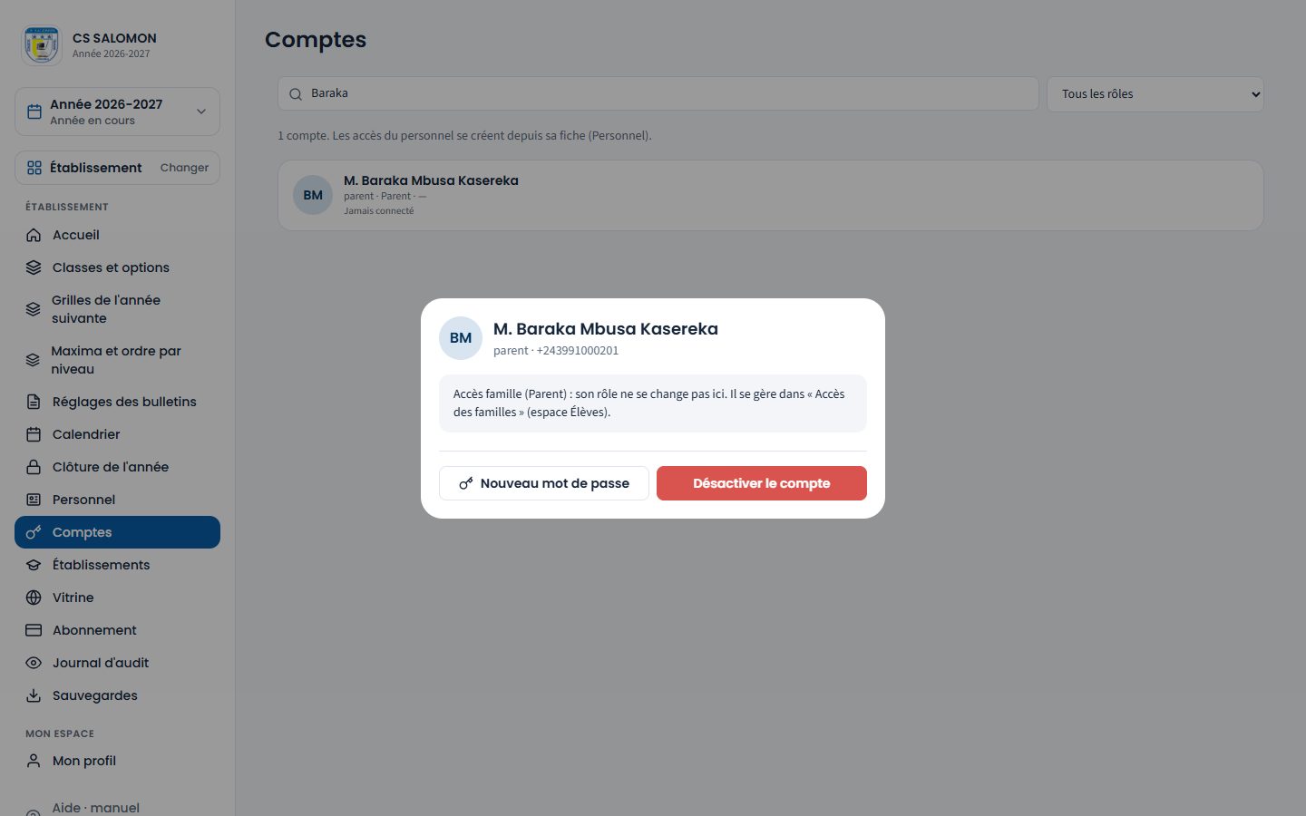 Compte d'un parent dans « Comptes » (ordinateur)