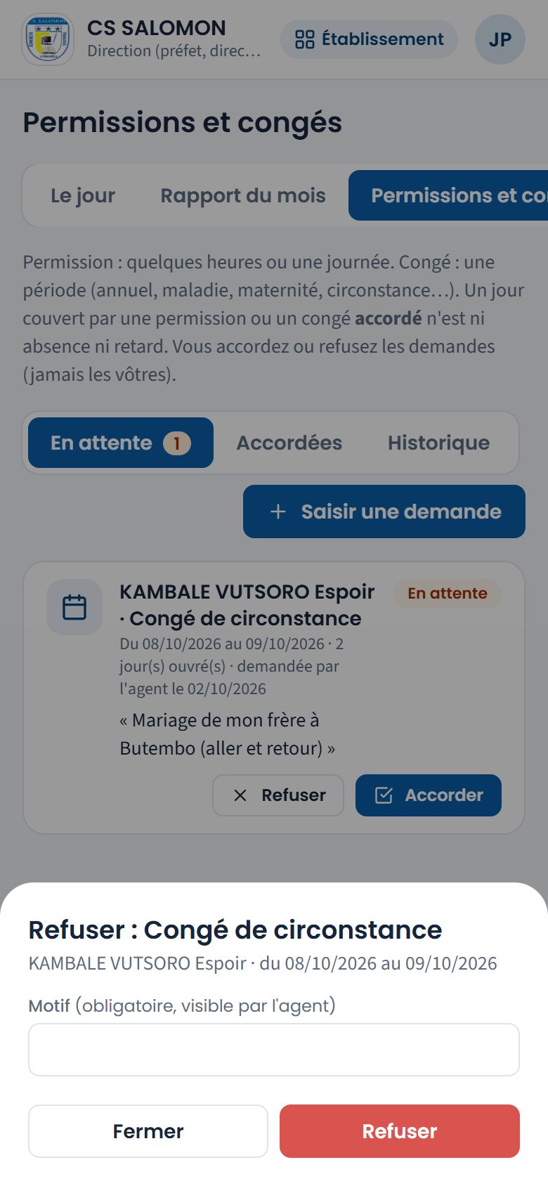 Refus d'une demande avec motif (téléphone)