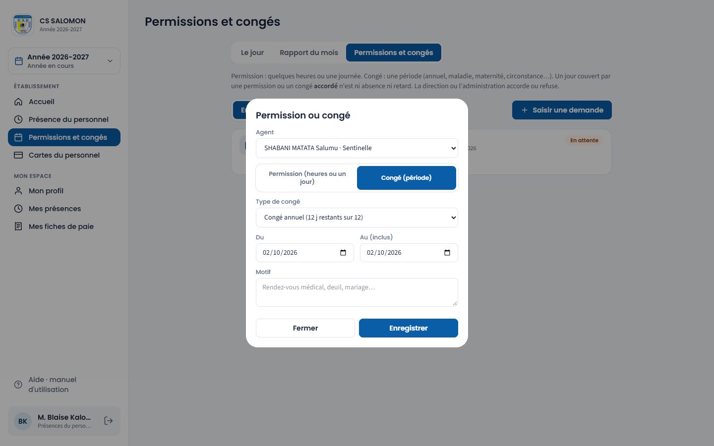 Saisie d'un congé pour un agent (ordinateur)
