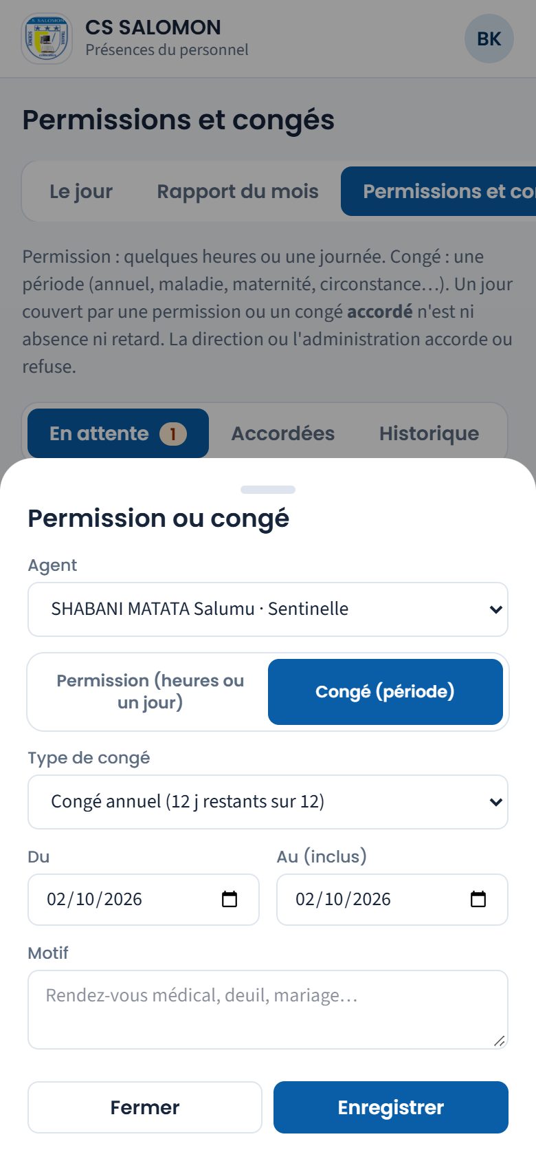 Saisie d'un congé pour un agent (téléphone)