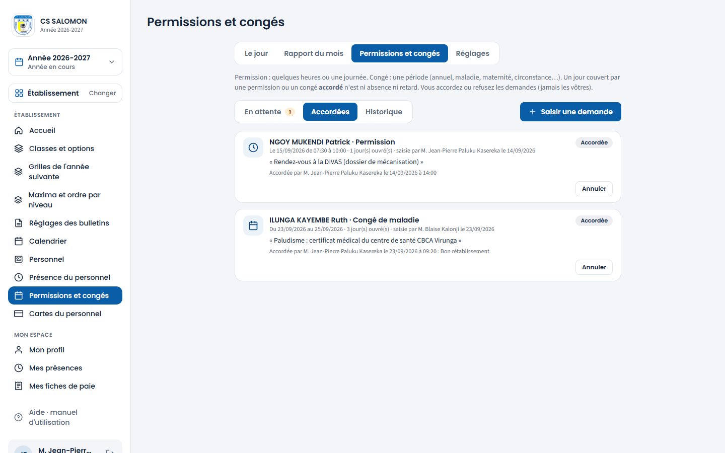 Permissions et congés accordés (ordinateur)