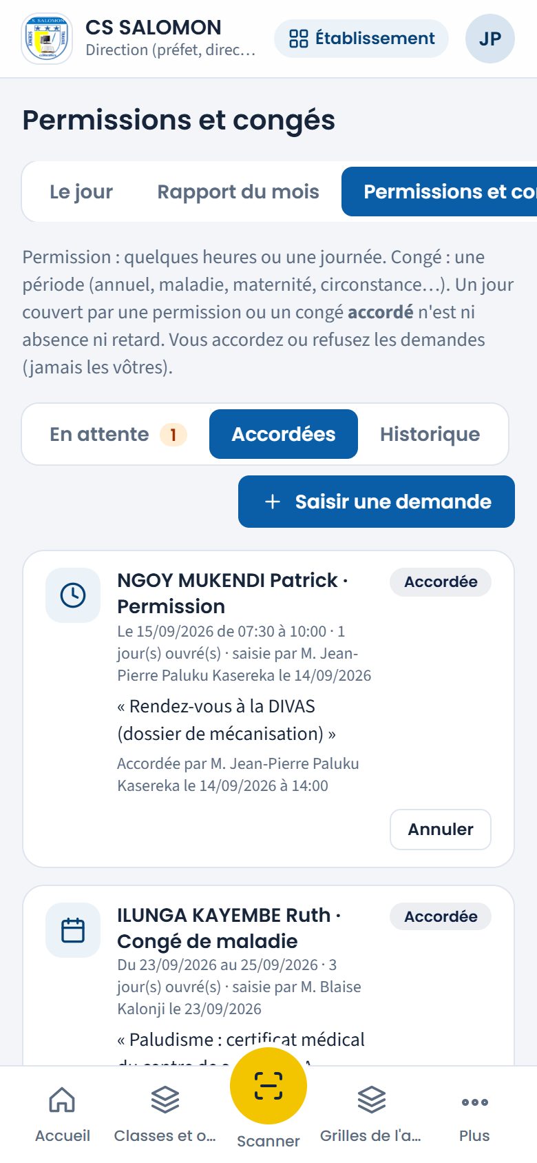 Permissions et congés accordés (téléphone)