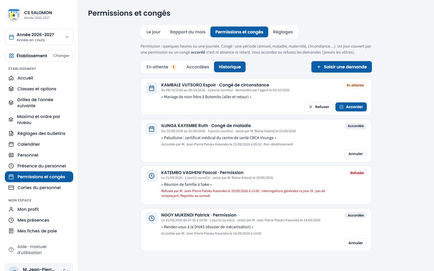 Historique des permissions et congés (ordinateur)