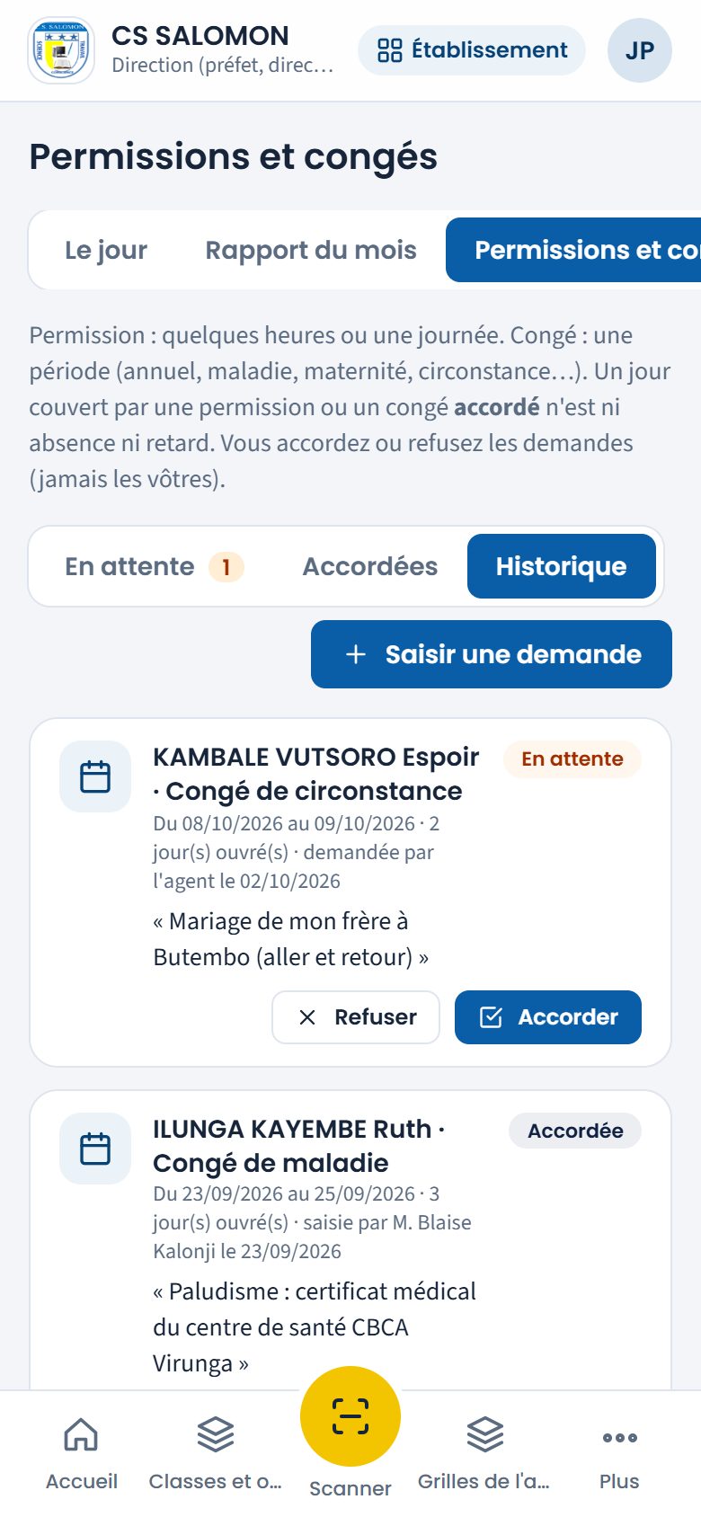 Historique des permissions et congés (téléphone)