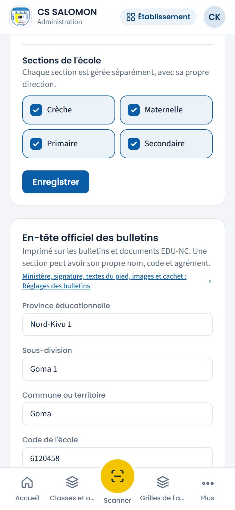 Sections de l'école (téléphone)