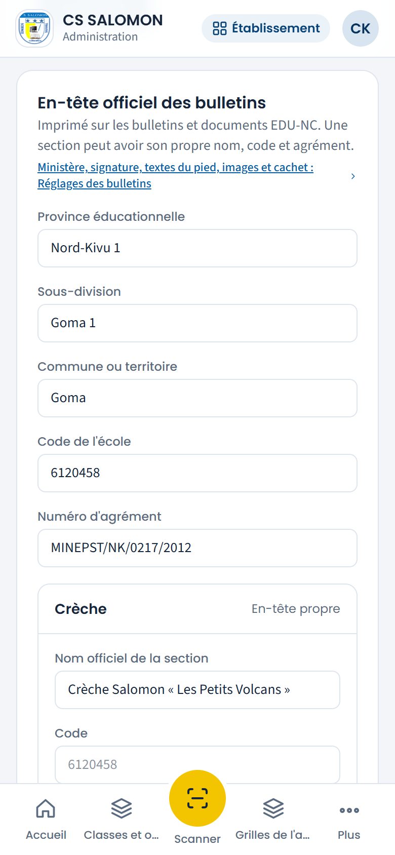 En-tête officiel des bulletins (téléphone)