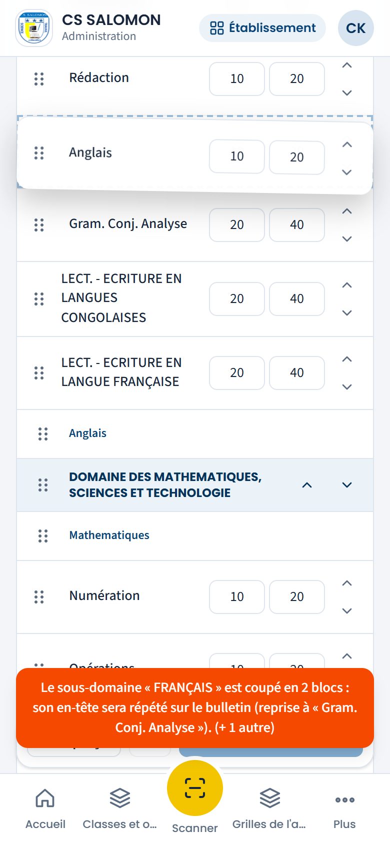 Glissement de l'anglais dans la grille (téléphone)