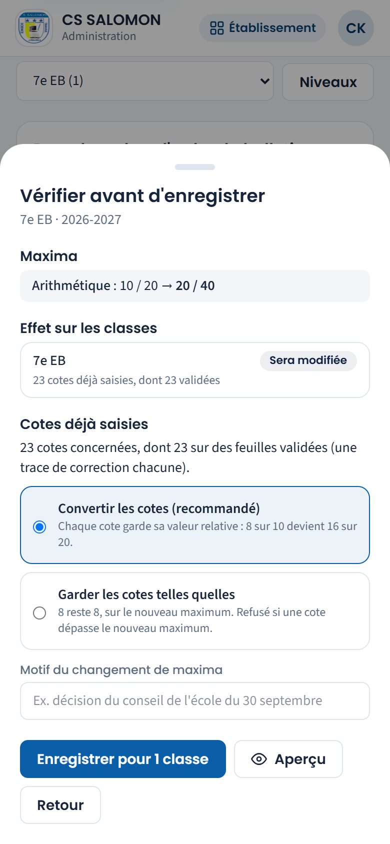 Vérification d'un changement de maxima en 7e EB (téléphone)