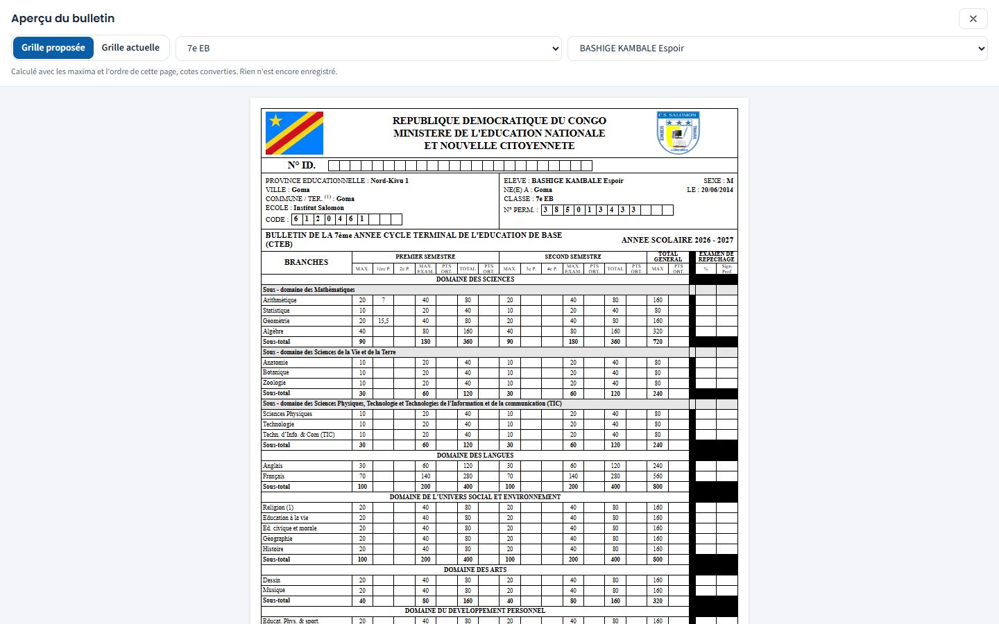 Aperçu du bulletin de 7e EB avec la grille proposée (ordinateur)