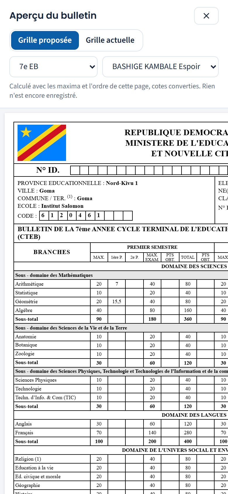 Aperçu du bulletin de 7e EB avec la grille proposée (téléphone)