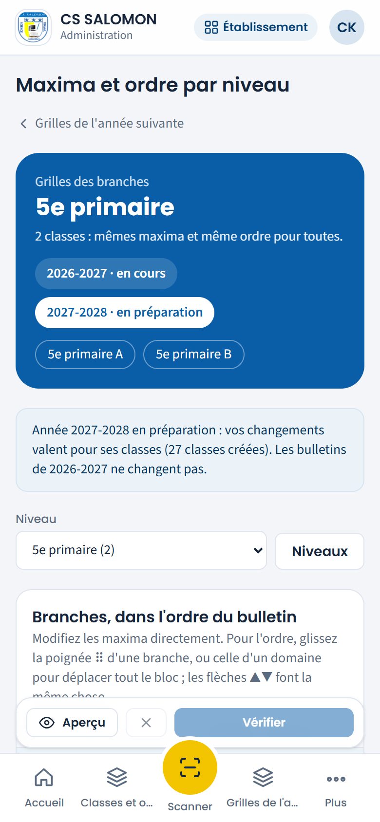 Grille de la 5e primaire de 2027-2028 en préparation (téléphone)