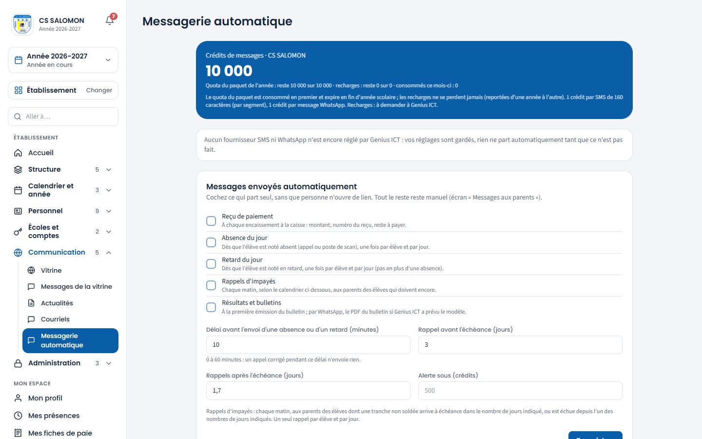 Crédits de messages de l'école (ordinateur)