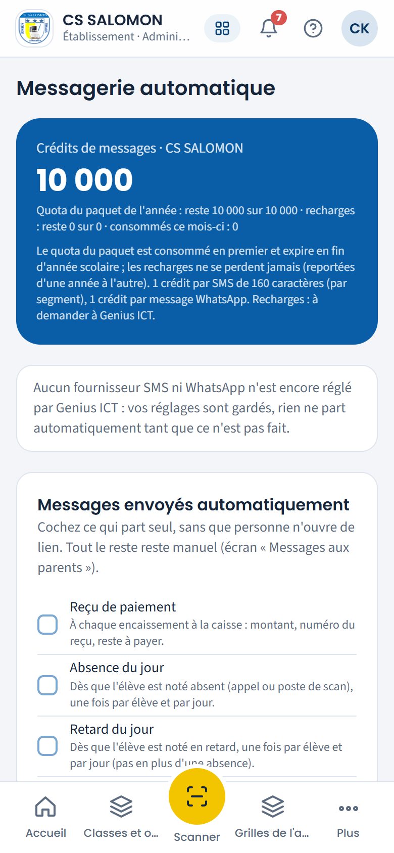 Crédits de messages de l'école (téléphone)