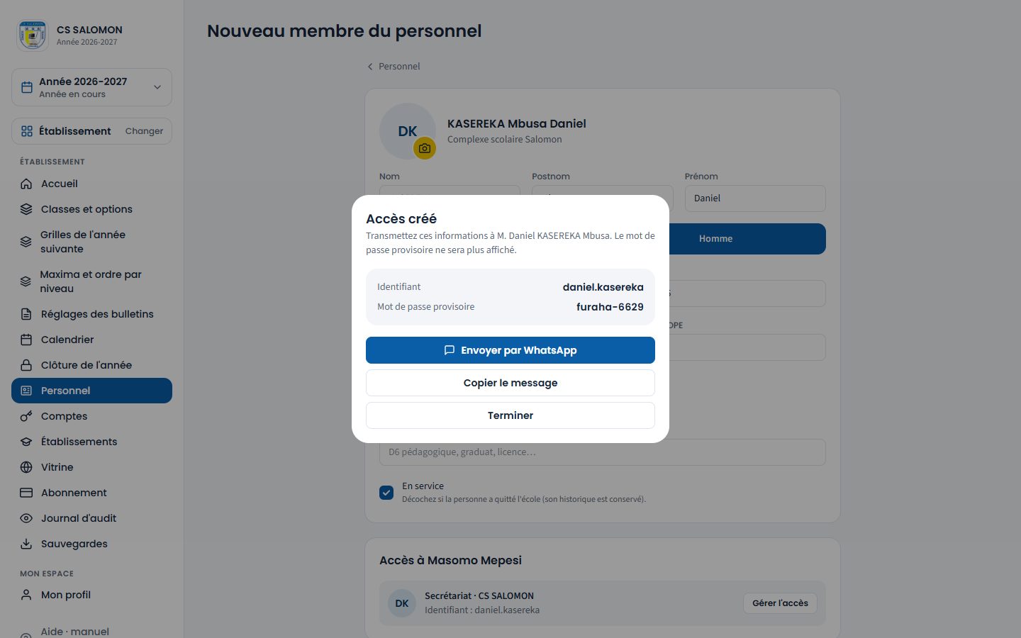 Accès créé avec son mot de passe provisoire (ordinateur)