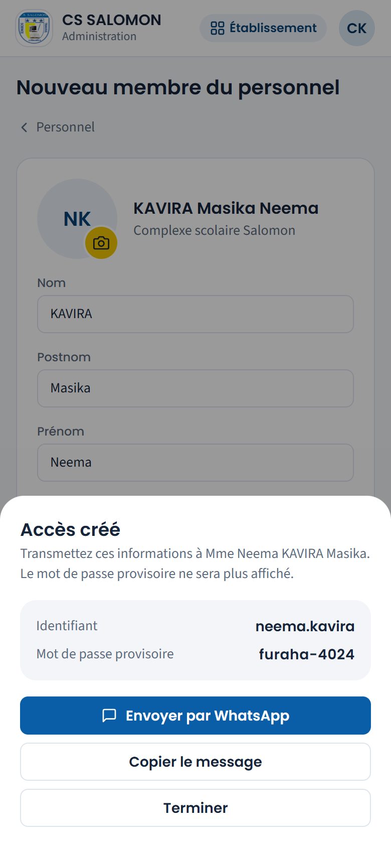 Accès créé avec son mot de passe provisoire (téléphone)