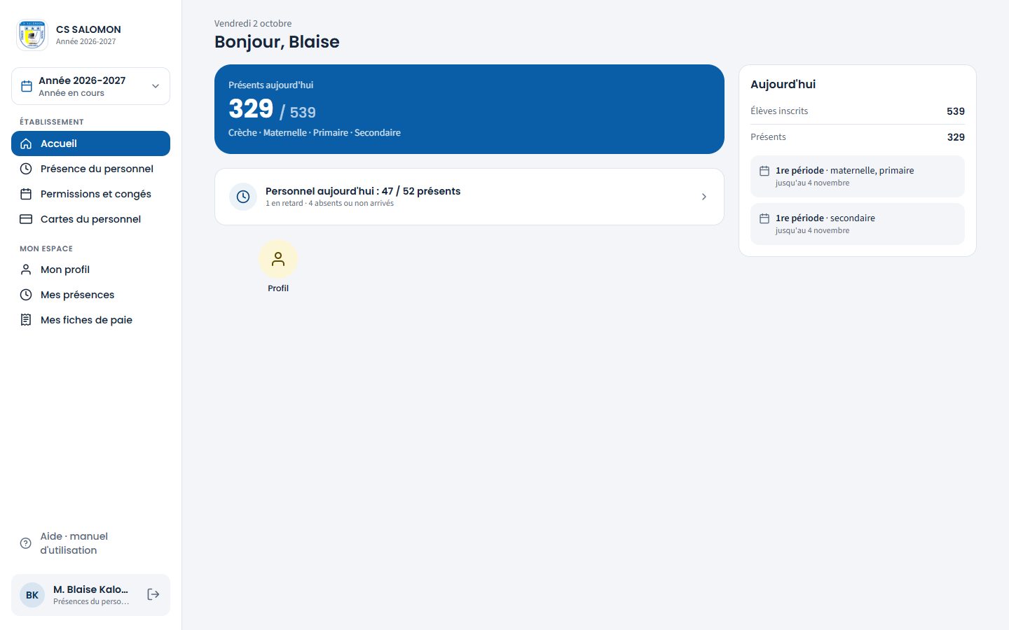 Accueil du responsable des présences du personnel (ordinateur)