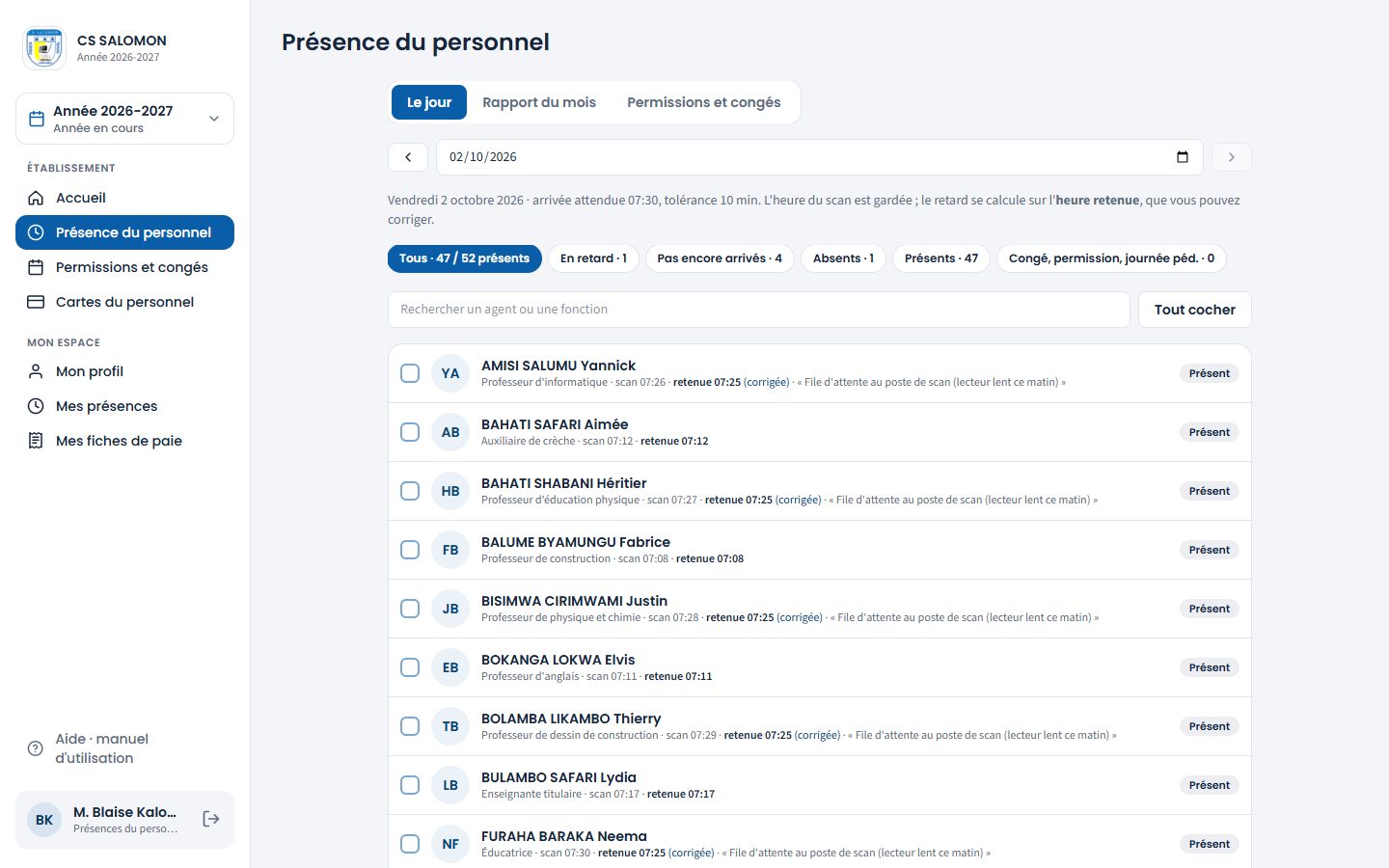 Présence du personnel, le jour (ordinateur)
