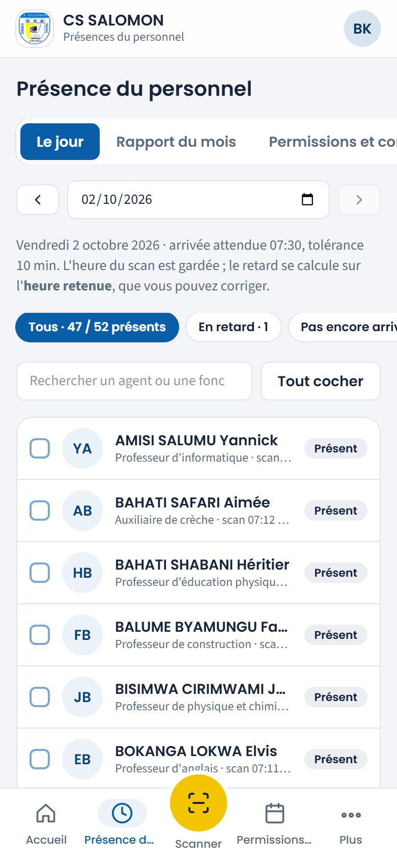 Présence du personnel, le jour (téléphone)
