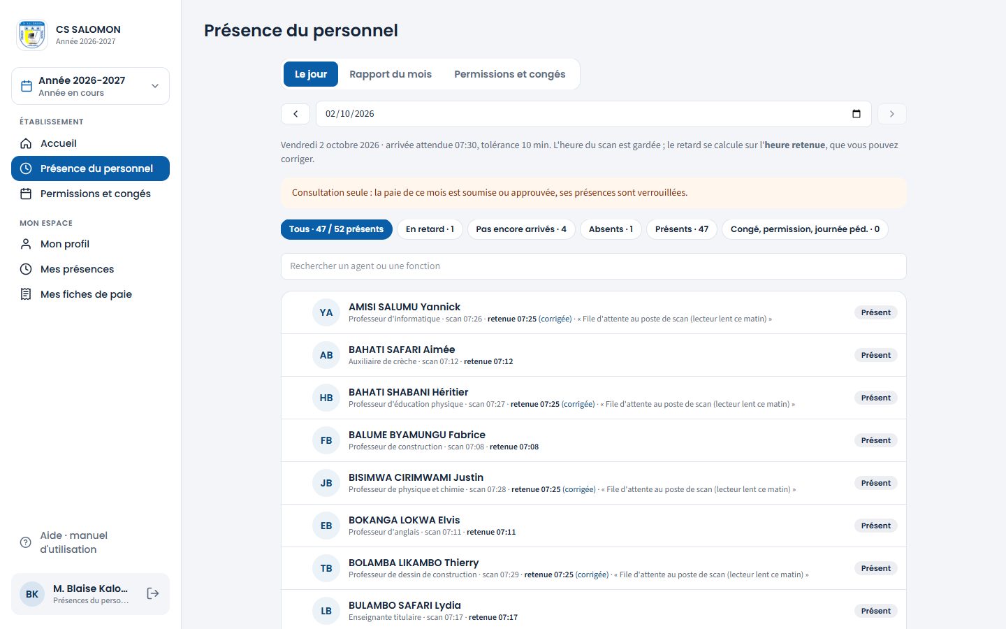 Présences d'octobre verrouillées par la paie (ordinateur)