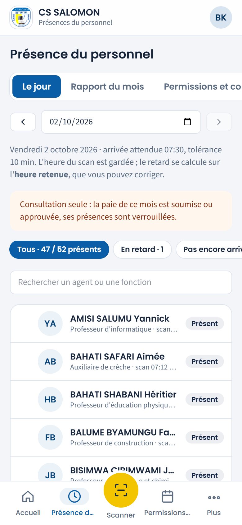 Présences d'octobre verrouillées par la paie (téléphone)