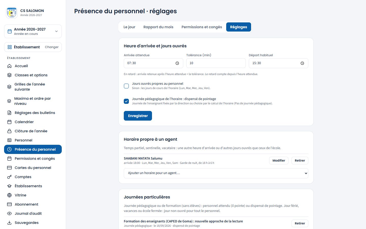 Réglages de la présence du personnel (ordinateur)