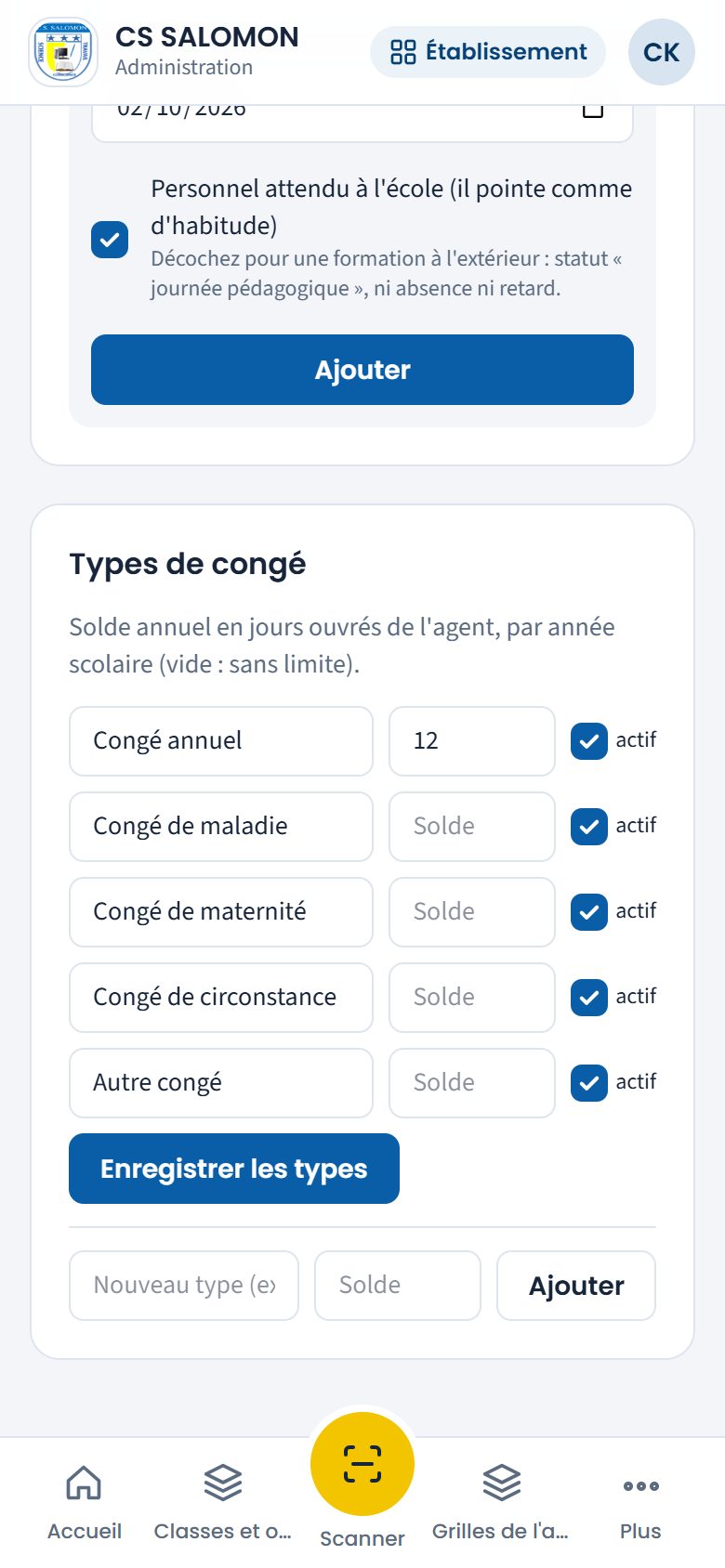 Types de congé de l'école (téléphone)