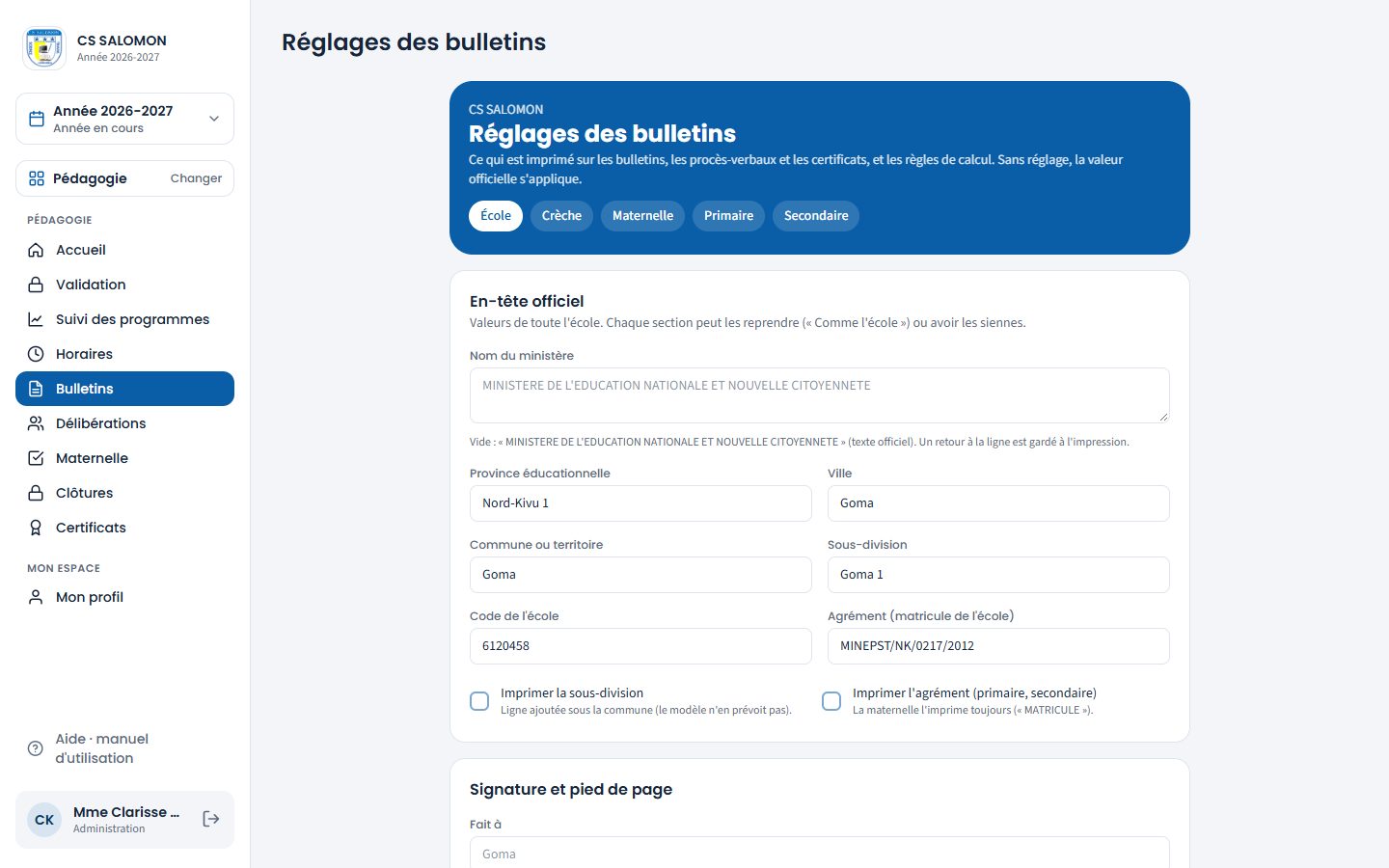 Onglet École des réglages des bulletins (ordinateur)