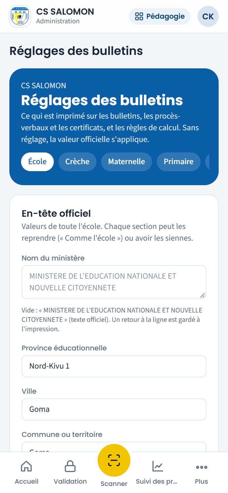 Onglet École des réglages des bulletins (téléphone)