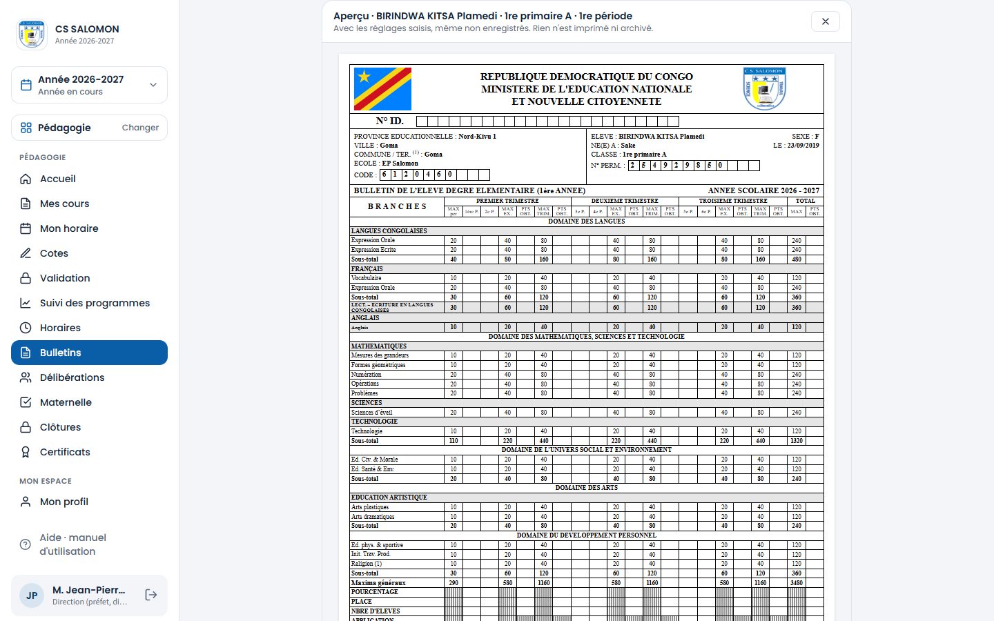 Aperçu d'un bulletin de 1re primaire (ordinateur)