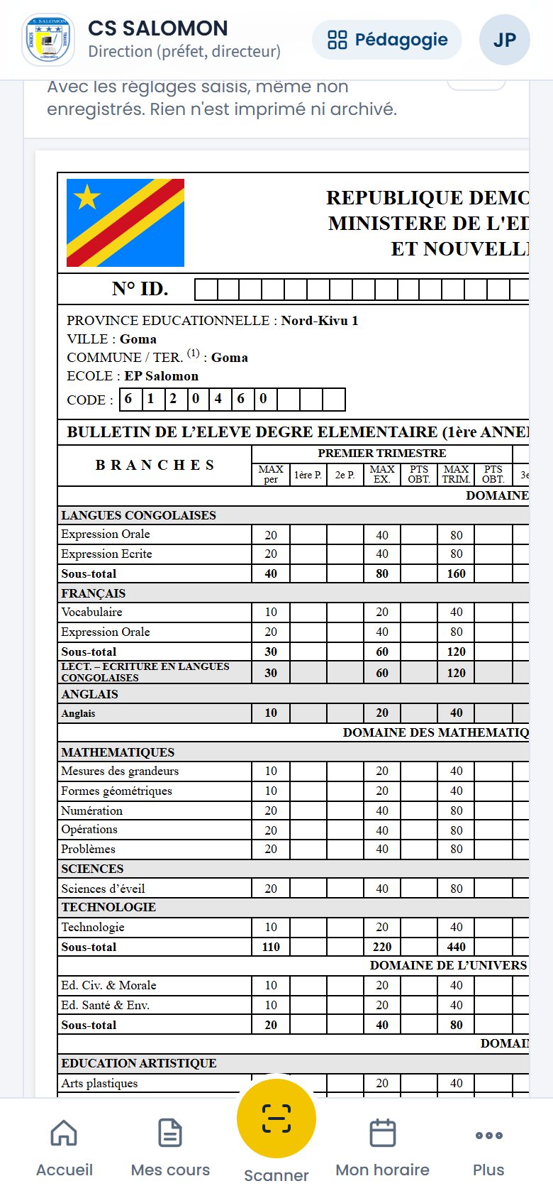 Aperçu d'un bulletin de 1re primaire (téléphone)